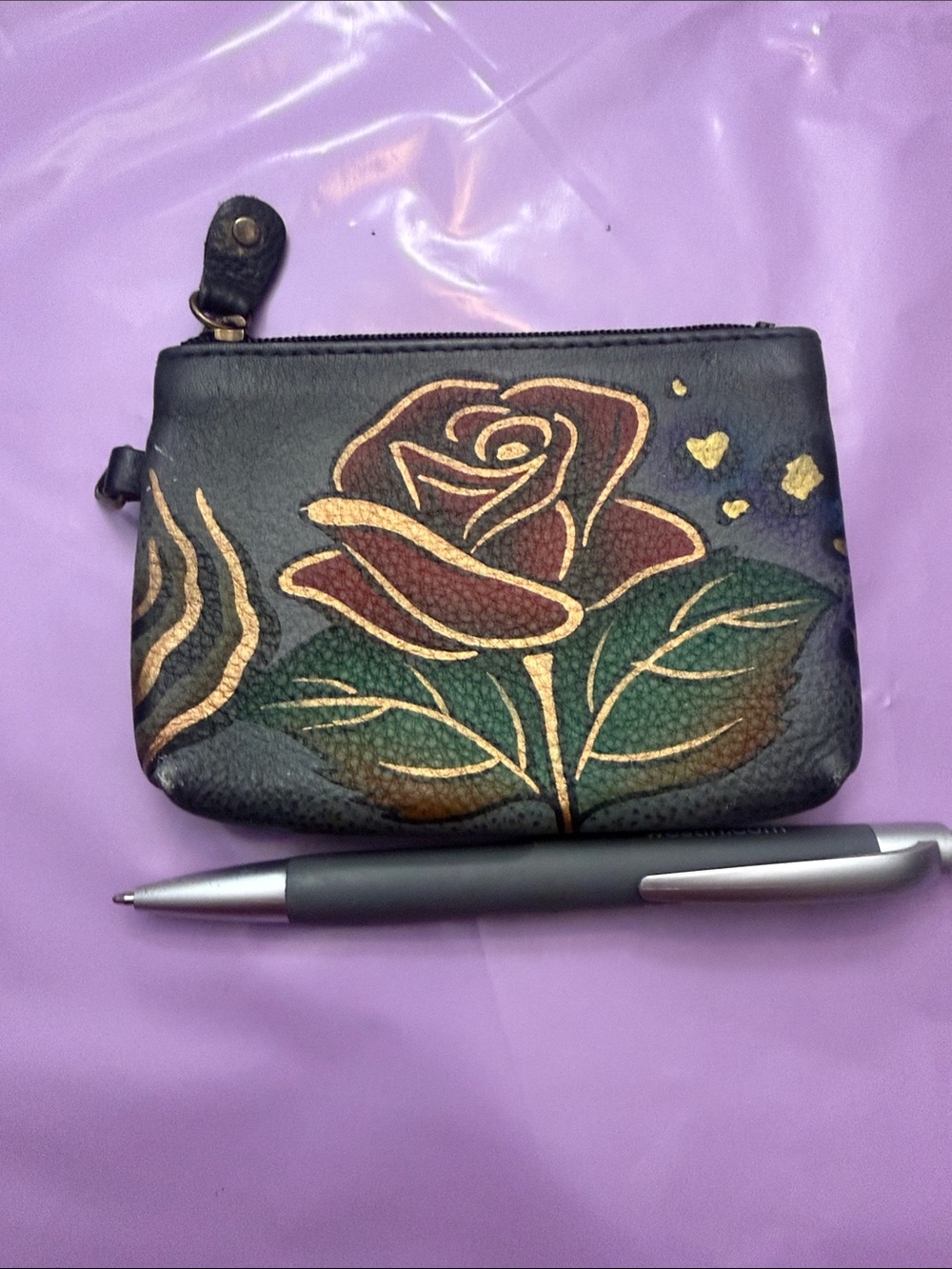 Anna Anuschka Hand-Painted safari gray leather Coin Pouch with Gold and Red Rose